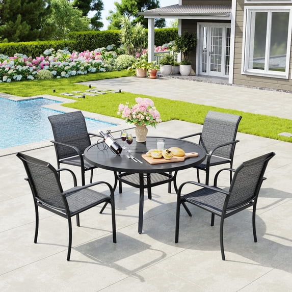 Vicllax Outdoor Outside Patio Dining set,  Round Metal Table with Umbrella Hole for Deck, Black