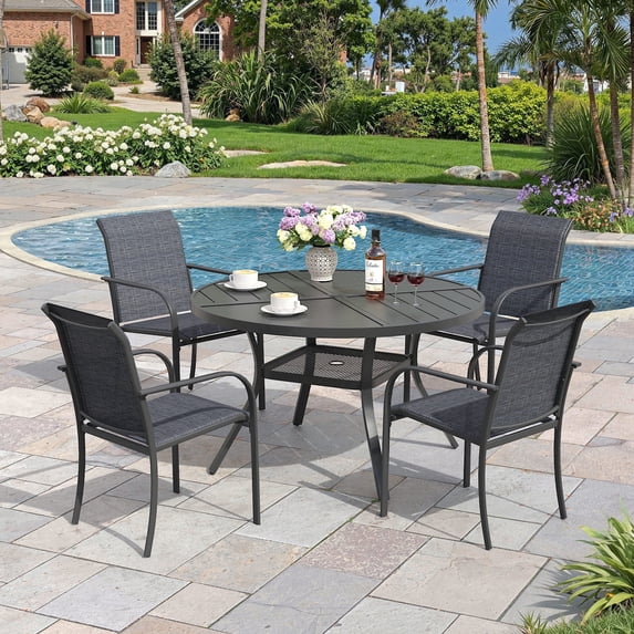 Vicllax Outdoor Outside Patio Dining set,  Round Metal Table with Umbrella Hole for Deck, Black