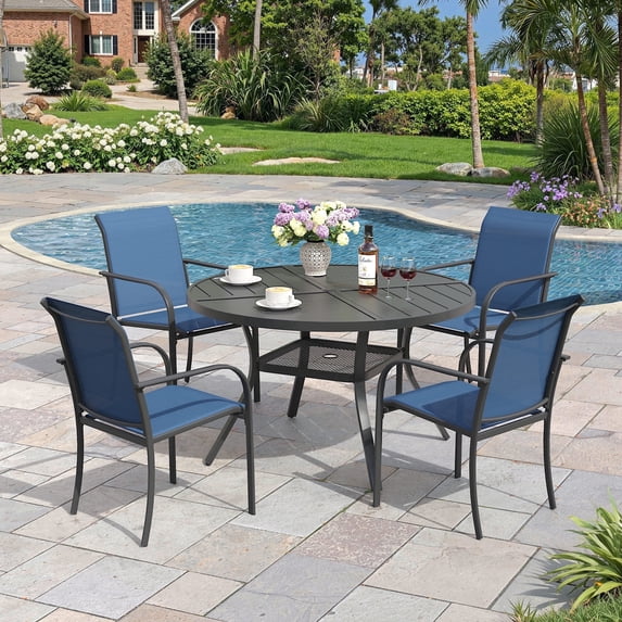 Vicllax Outdoor Outside Patio Dining set,  Round Metal Table with Umbrella Hole for Deck, Black