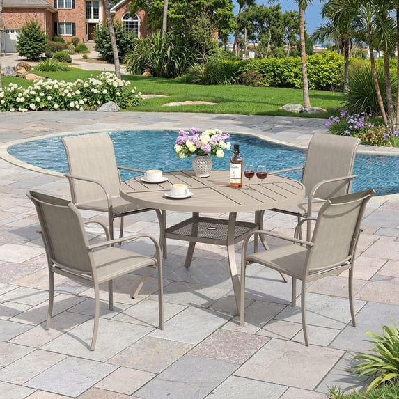 Vicllax Outdoor Outside Patio Dining set,  Round Metal Table with Umbrella Hole for Deck, Black