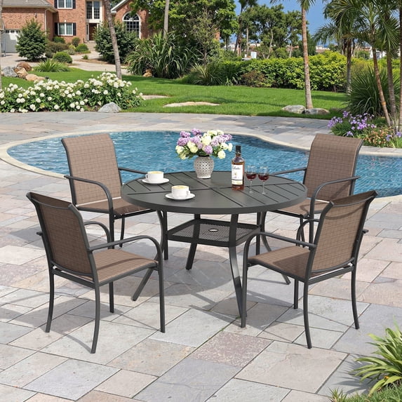 Vicllax Outdoor Outside Patio Dining set,  Round Metal Table with Umbrella Hole for Deck, Black