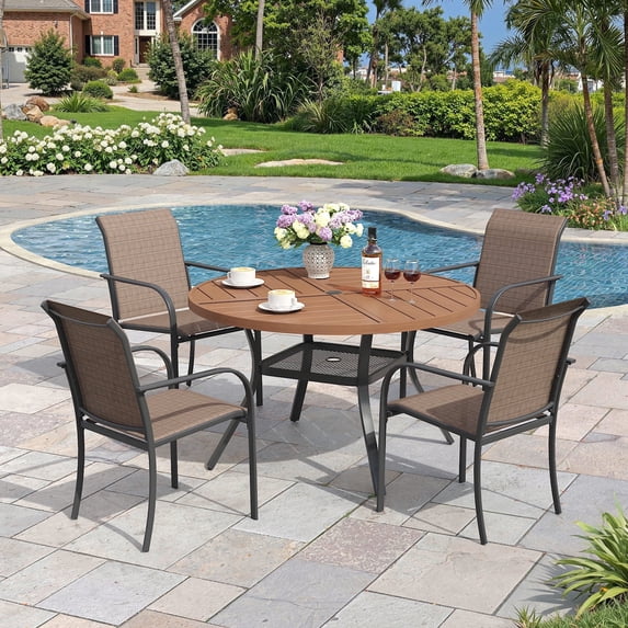 Vicllax Outdoor Outside Patio Dining set,  Round Metal Table with Umbrella Hole for Deck, Black