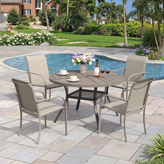Vicllax Outdoor Outside Patio Dining set,  Round Metal Table with Umbrella Hole for Deck, Black