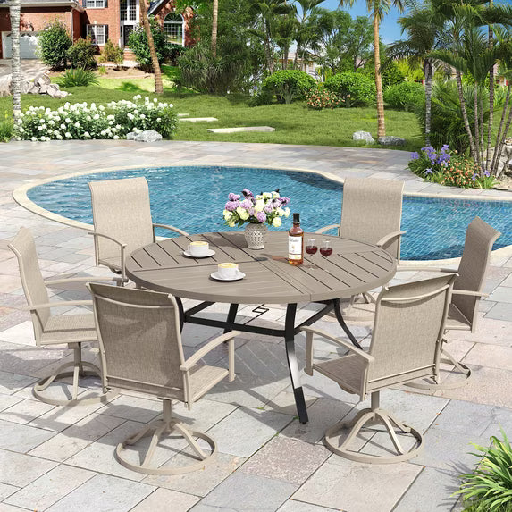 Vicllax 7-Piece Outdoor Patio Dining Set, 50-Inch Round Outdoor Table with Umbrella Hole and 6 Swivel Patio Chairs, Outdoor Furniture for Backyard, Garden, Deck & Porch