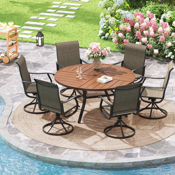 Vicllax 7-Piece Outdoor Patio Dining Set, 47-Inch Round Outdoor Table with Umbrella Hole and 6 Swivel Patio Chairs, Outdoor Furniture for Backyard, Garden, Deck & Porch