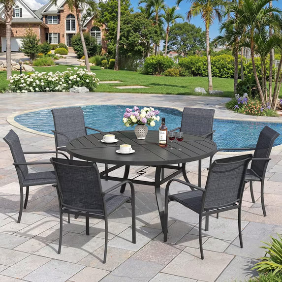 Vicllax 7-Piece Outdoor Patio Dining Set, 50" Round Table with Umbrella hole and 6 Patio Chairs, Black&Black