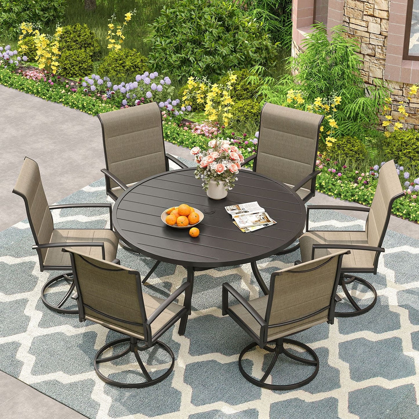 Vicllax Outdoor Patio Dining Set American Country Style Metal 48"for Garden Lawn (7 Pcs)