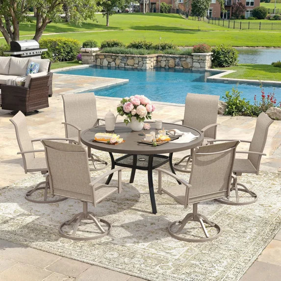 Vicllax Outdoor Outside Patio Dining set,  Round Metal Table with Umbrella Hole for Deck, Black