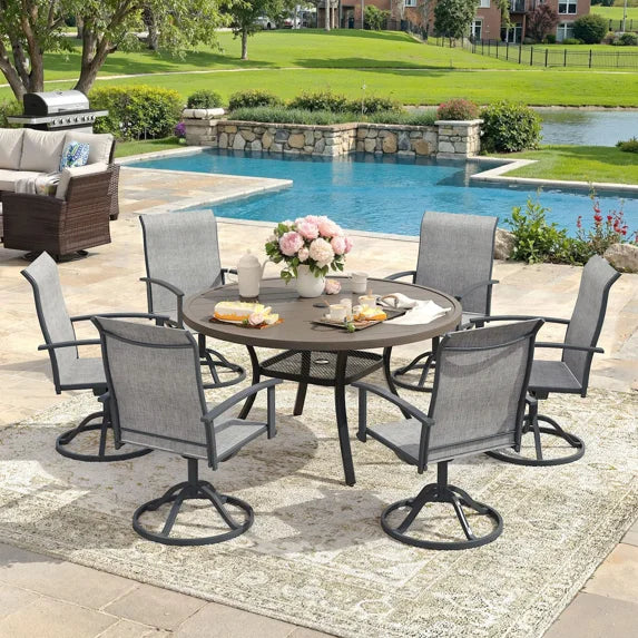 Vicllax Outdoor Outside Patio Dining set,  Round Metal Table with Umbrella Hole for Deck, Black