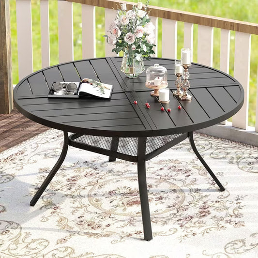 Vicllax 47" Outdoor Patio Dining Table, Metal Frame Round Patio Table with Umbrella Hole for Deck, Black