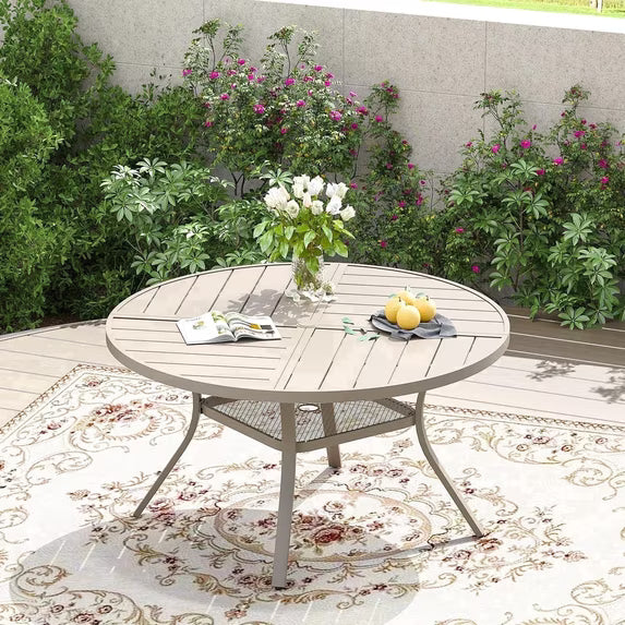 Vicllax 47" Outdoor Patio Dining Table, Metal Frame Round Patio Table with Umbrella Hole for Deck, Sandshell