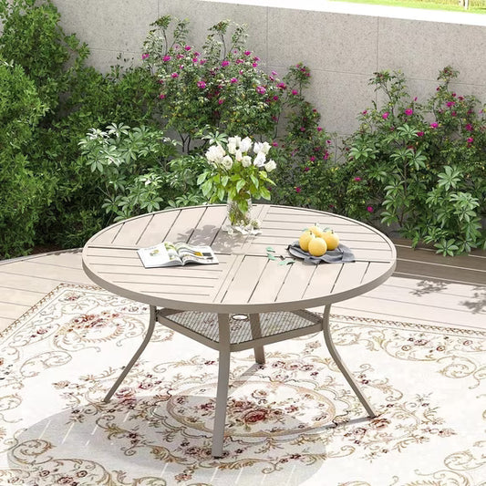 Vicllax 47" Outdoor Patio Dining Table, Metal Frame Round Patio Table with Umbrella Hole for Deck, Sandshell