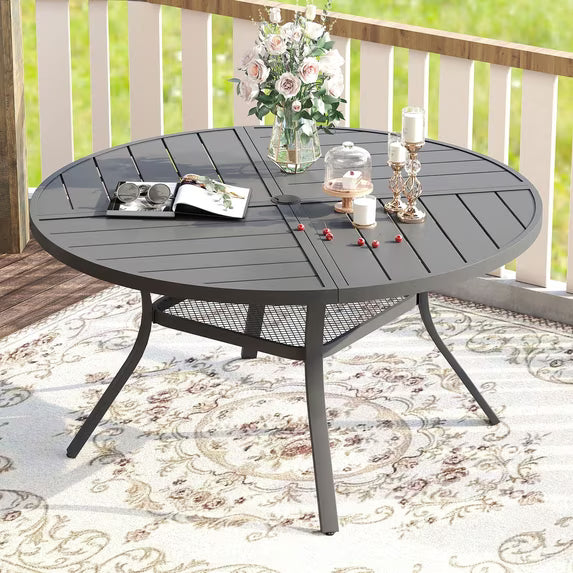 Vicllax 47" Outdoor Patio Dining Table, Metal Frame Round Patio Table with Umbrella Hole for Deck, Gray