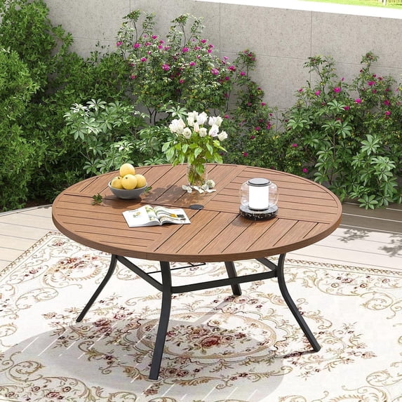 Vicllax 50" Outdoor Patio Dining Table, Metal Frame Round Patio Table with Umbrella Hole for Deck, Walnut