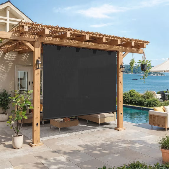 Vicllax 7'Wx8'H Outdoor Roller Shades Blinds for Patio Crank Operation Sun Blocking, Black (Splice)