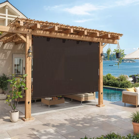 Vicllax 10'Wx8'H Outdoor Roller Shades Blinds for Patio Porch Crank Operation Sun Blocking, Chocolate