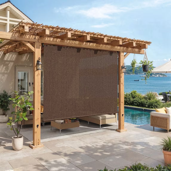 Vicllax 9'Wx8'H Outdoor Roller Shades Blinds for Patio Porch Crank Operation Sun Blocking, Mocha