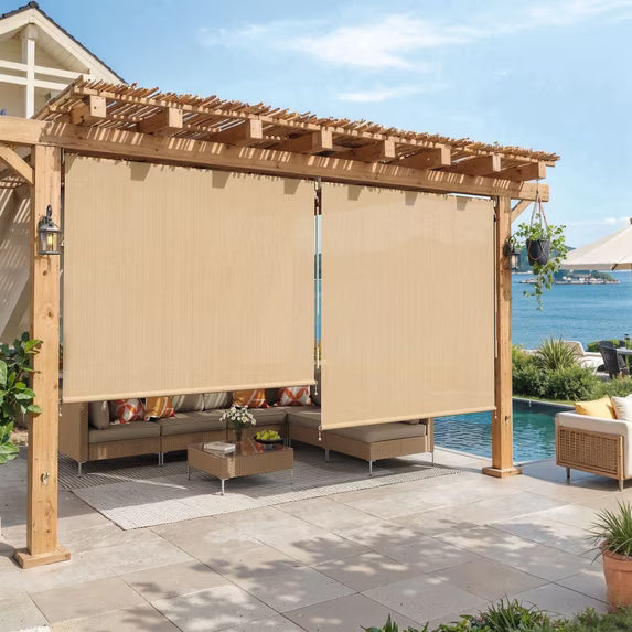 Vicllax 6'Wx6'H Outdoor Roller Shades Blinds for Patio Crank Operation Sun Blocking, Wheat (Splice)