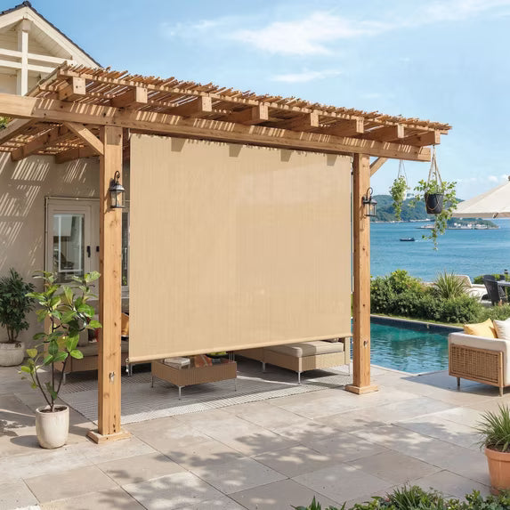 Vicllax 10'Wx8'H Outdoor Roller Shades Blinds for Patio Porch Crank Operation Sun Blocking, Wheat